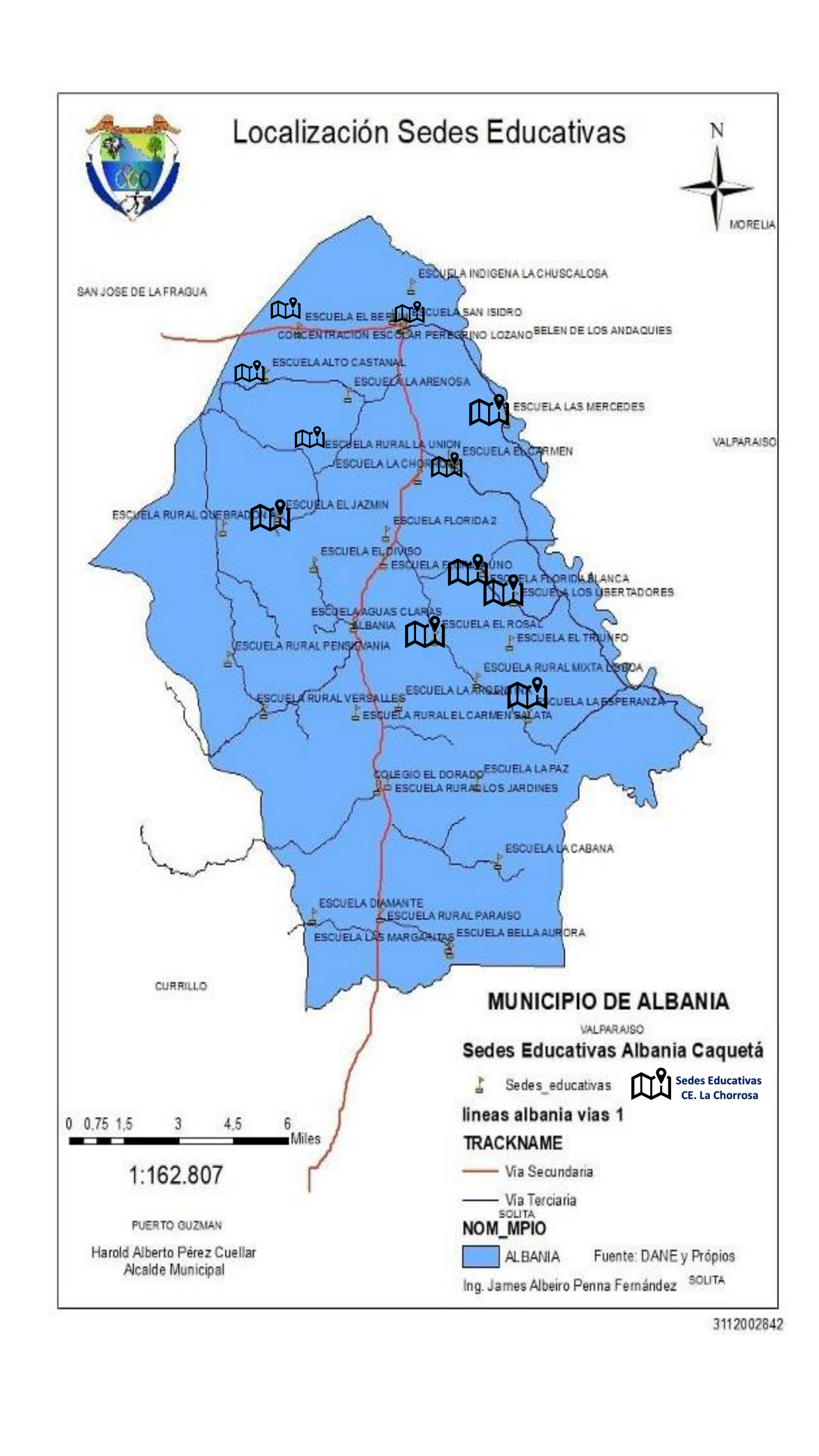 Mapa del municipio de Albania (Caquetá) con la localización de las sedes educativas. Se señalan con marcadores las sedes del Centro Educativo La Chorrosa distribuidas en las veredas del municipio, junto con las vías secundarias y terciarias.
